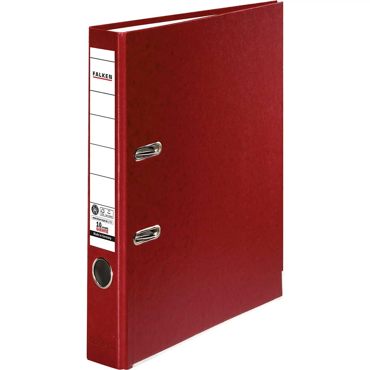 Red binder with a white spine and the word 'FALKEN'.