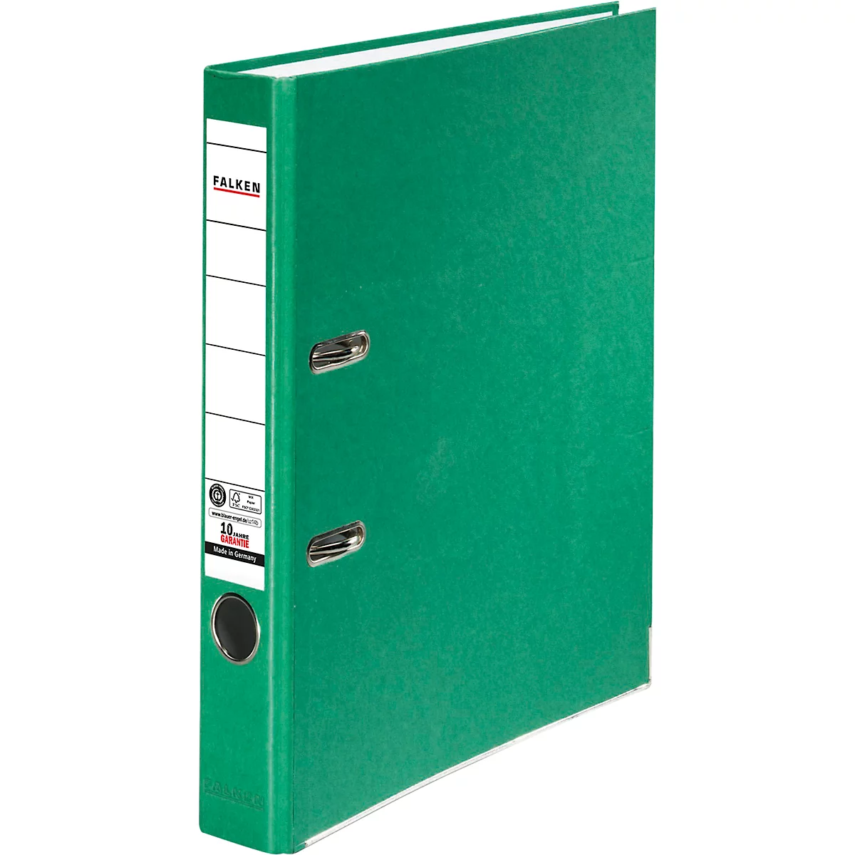 Green FALKEN brand binder with white spine. Contains metal clasps and circular opening.
