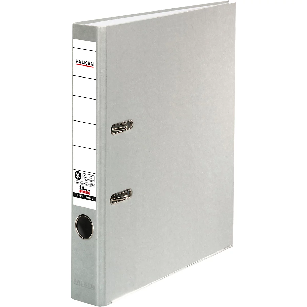 Grey file folder with a white label and print on the side.