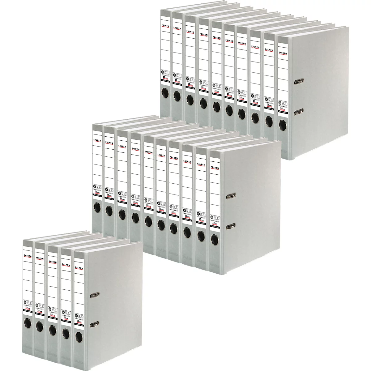 Three stacks of grey lever arch files with labels and black rings.