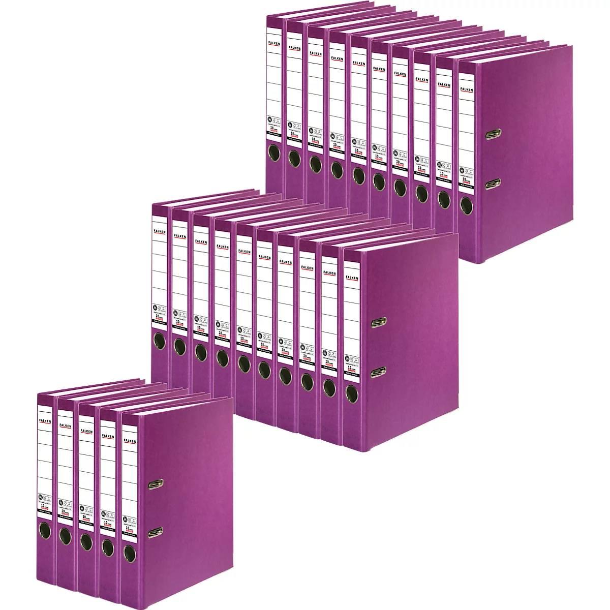 Various purple file folders, with white labels and black rings, arranged on a white background.