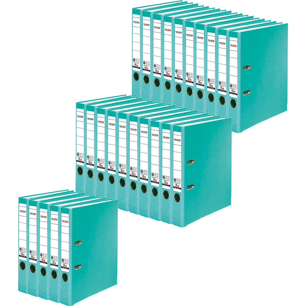 Three stacks of turquoise binders with white labels.