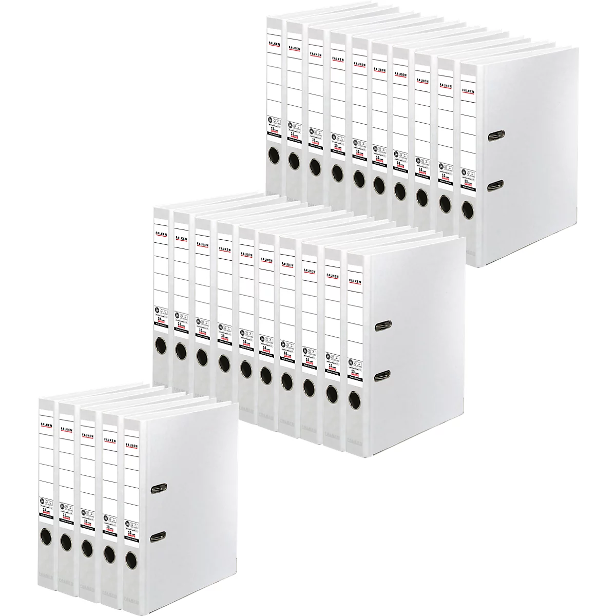 Three stacks of white file folders; the spines are labeled.
