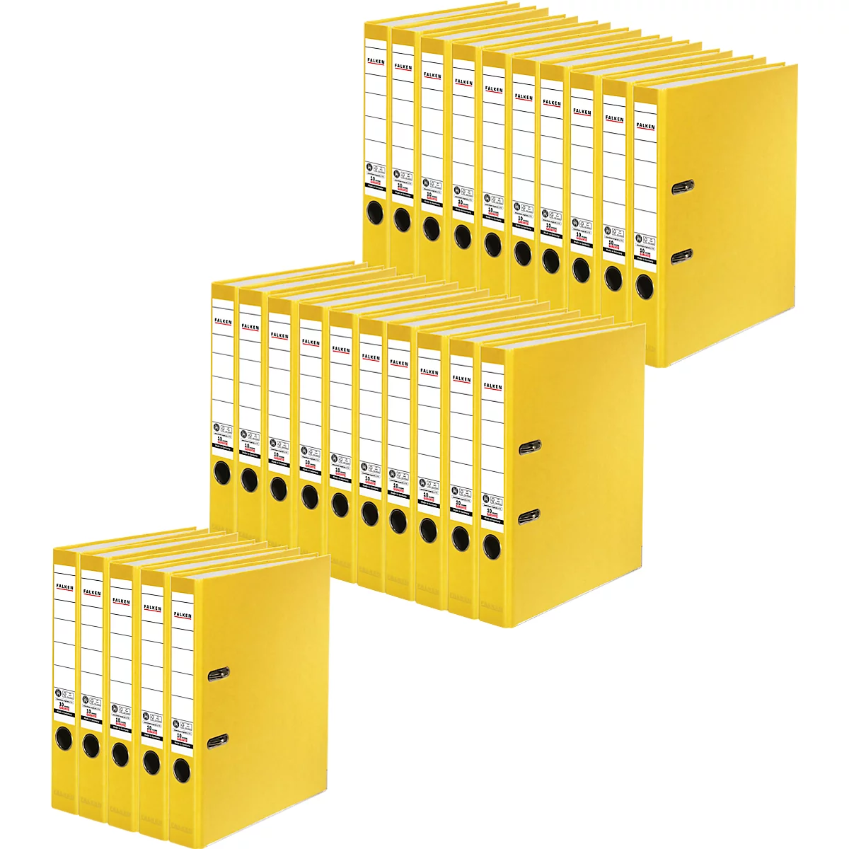 Yellow file folders, stacked in groups of three. Each folder with a label and black metal mechanism.