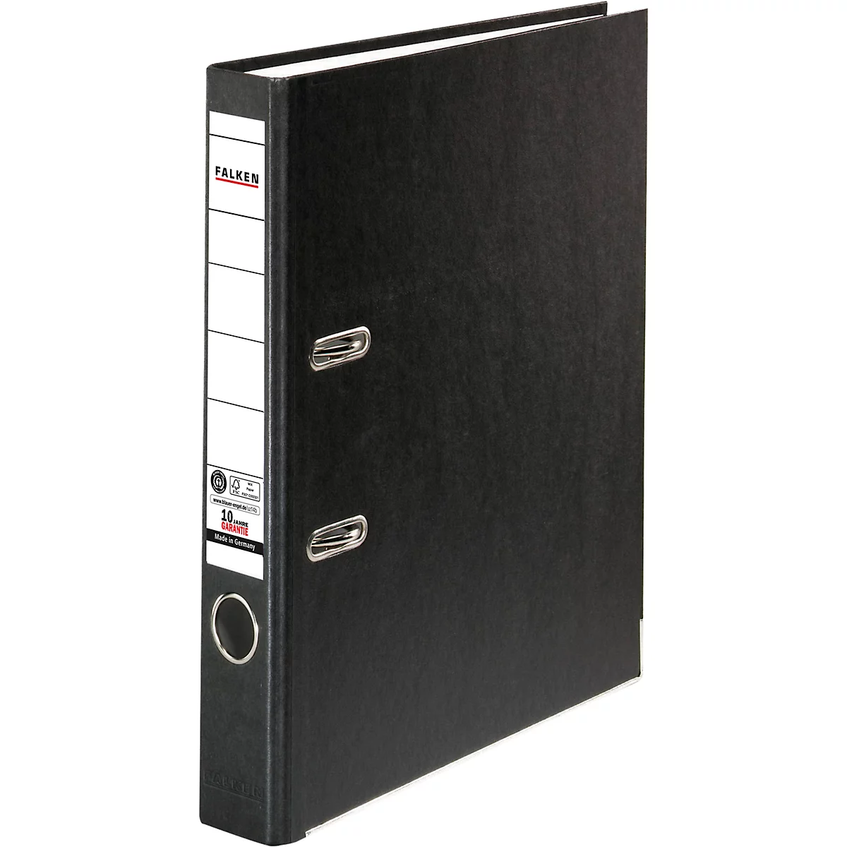 Black file folder, Falken brand, with white spine and metal clips.
