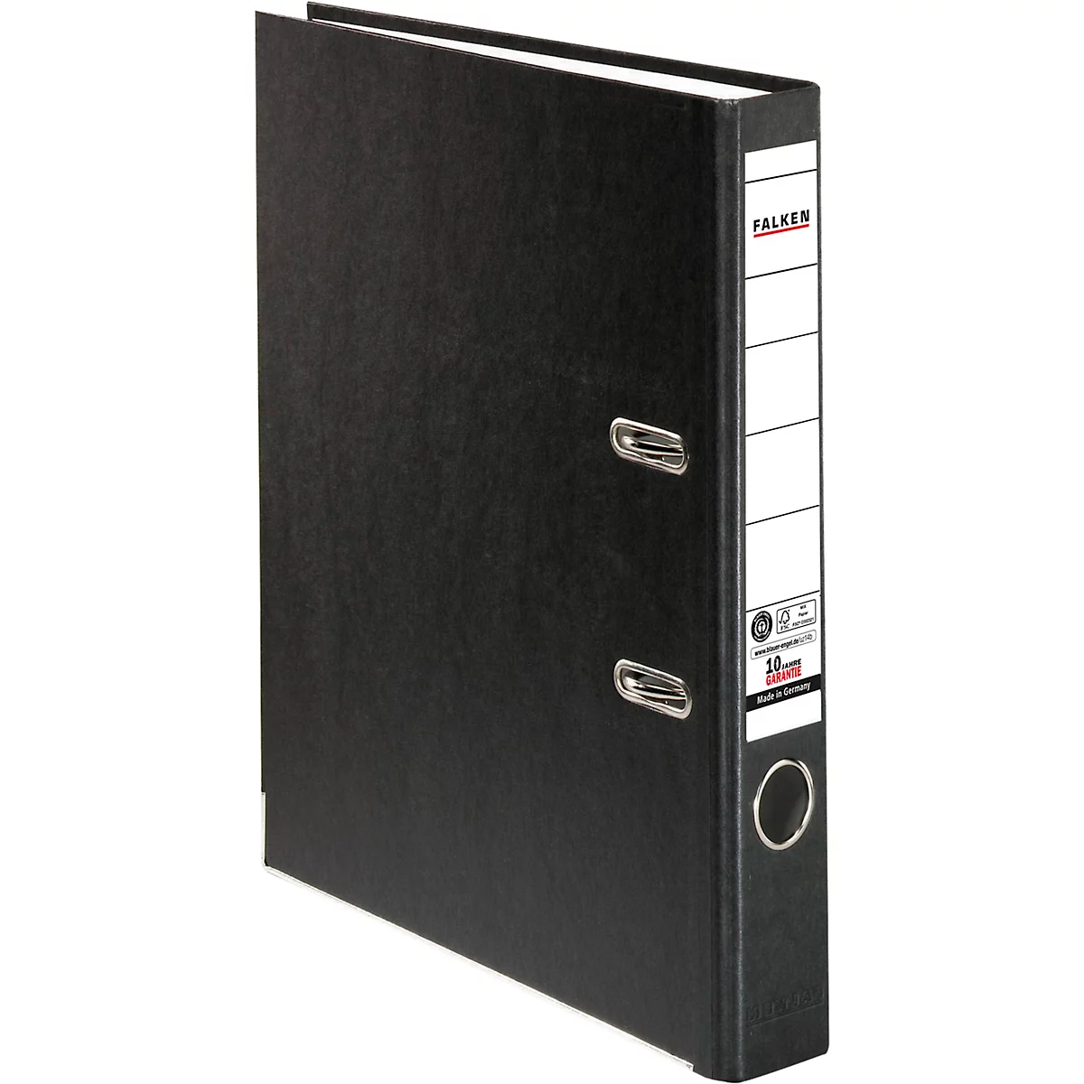 Black binder with white label fields, brand FALKEN. The binder stands at a slight angle.