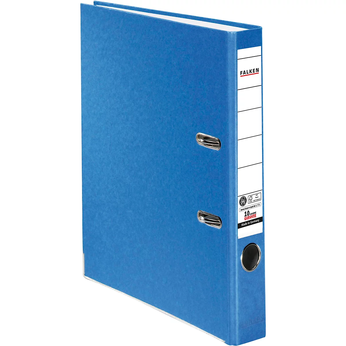 Blue file folder with white label and 'Falken' lettering. Black hole for filing.