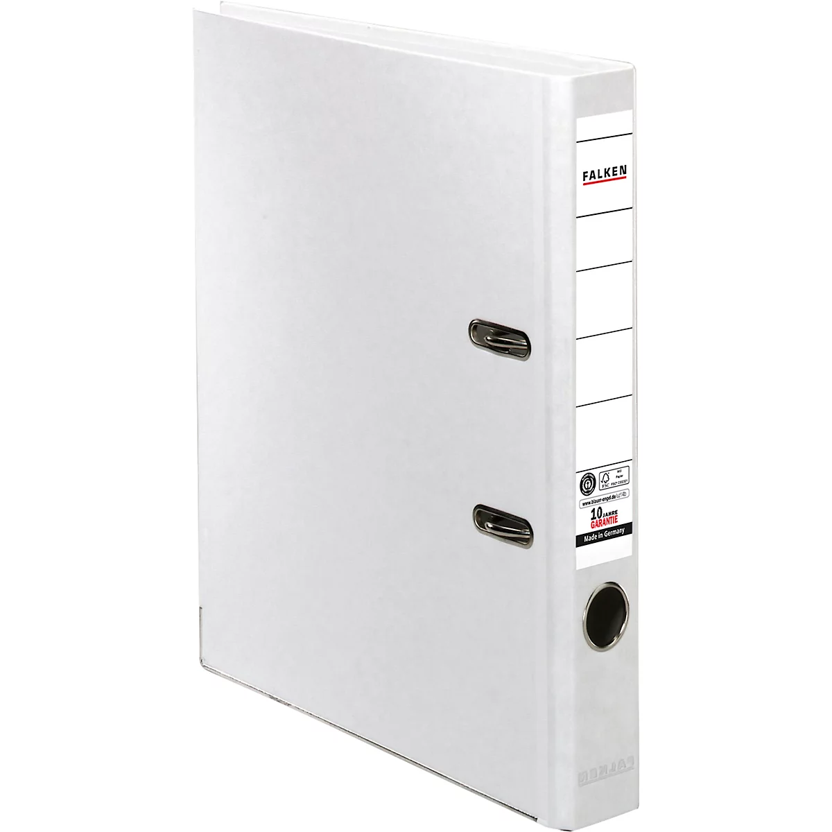 White binder with metal mechanism and label, FALKEN. Details like holes and black hole.