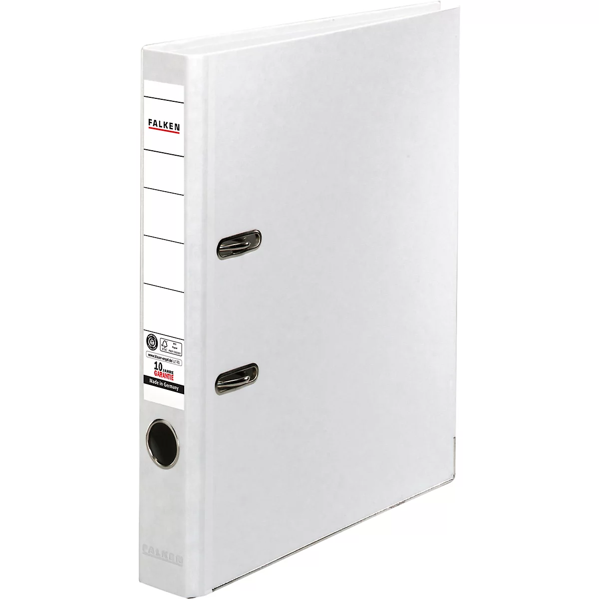 White binder with black lever and company logo. The binder has a black eyelet.
