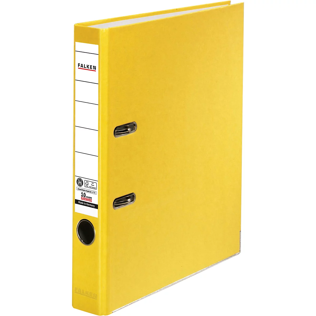 Yellow Falken binder with metal clasps and label. Inscription: Falken, ring binder.