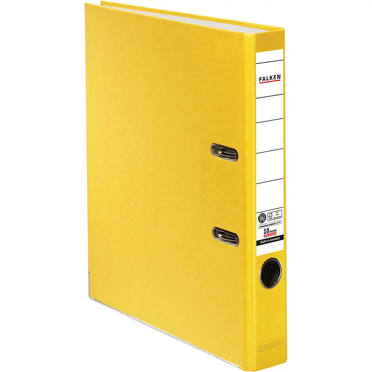 Yellow binder with white label and FALKEN lettering. Two metal eyelets and a hole for filing.