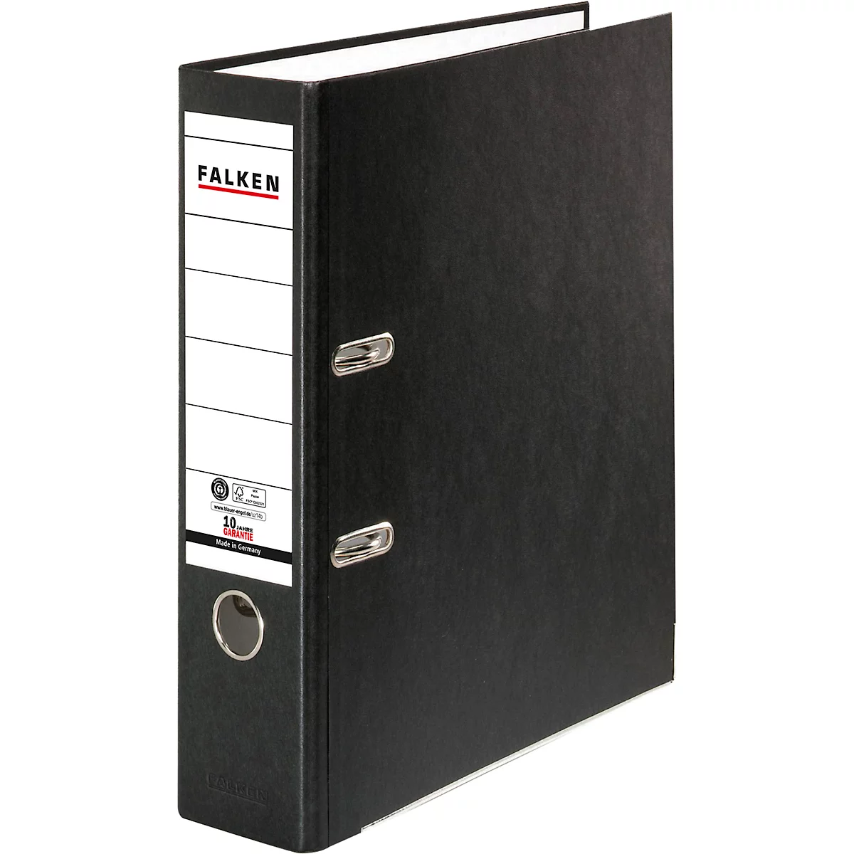 Black Falken file folder. The front has a white label with the logo and other information.