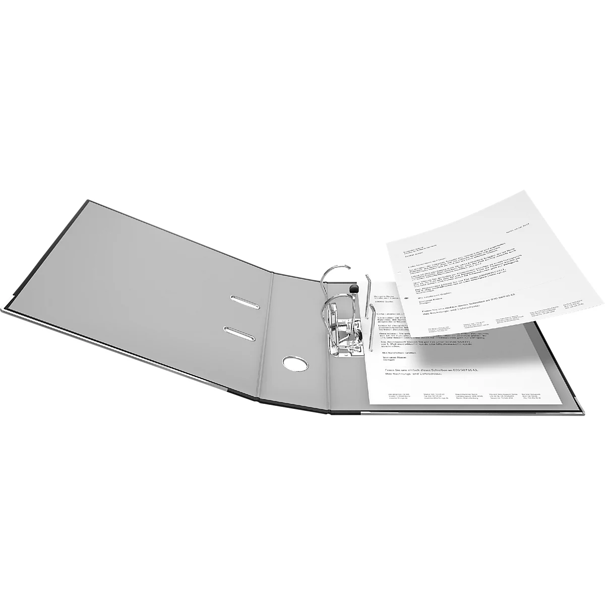 Grey file folder with loose paper falling out.