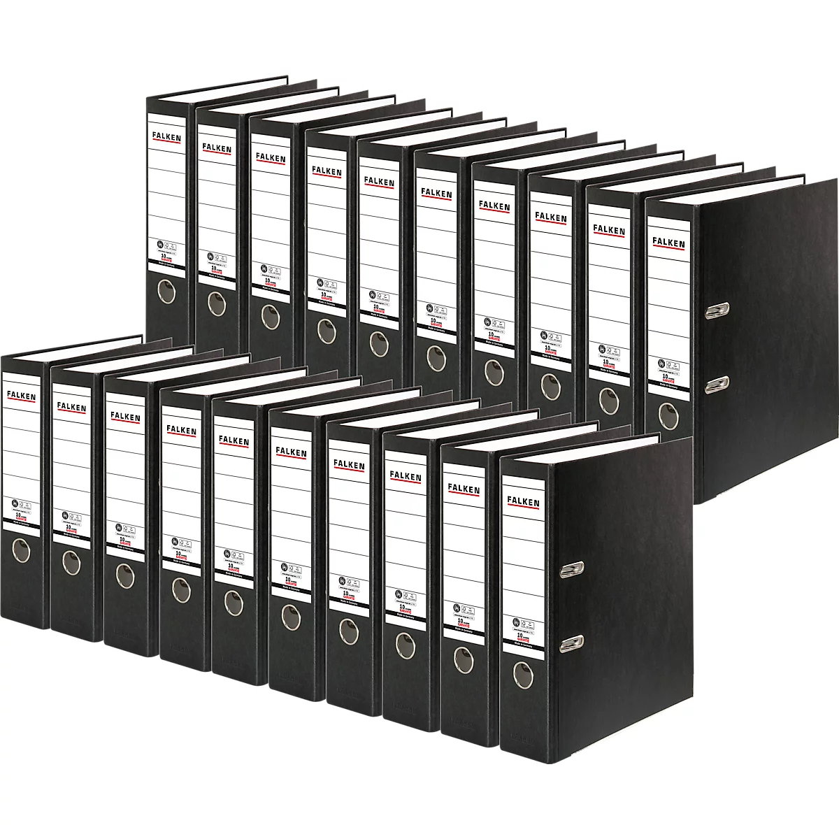 A collection of black ring binders with white labels. The label shows the lettering "FALKEN".
