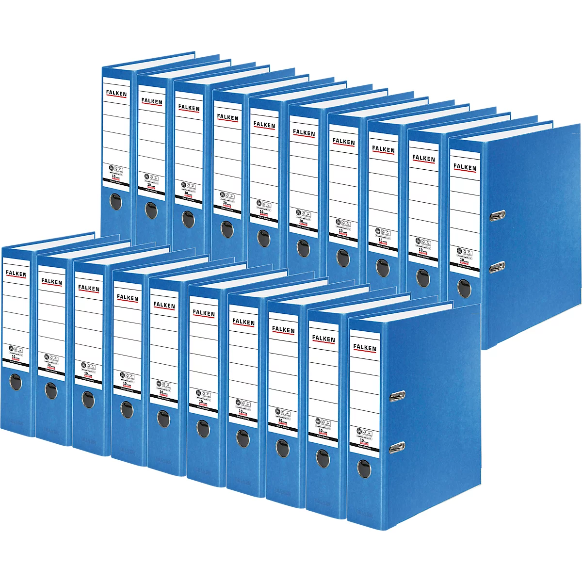 Blue file folders, stacked. "Falken" is written on the spines.