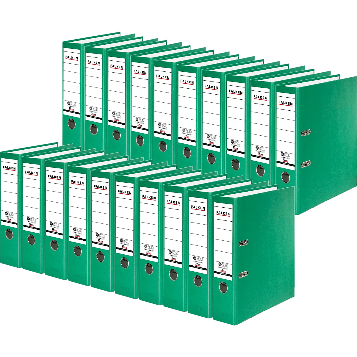Green file folders, with white labels, side by side. On top is "FALKNER".