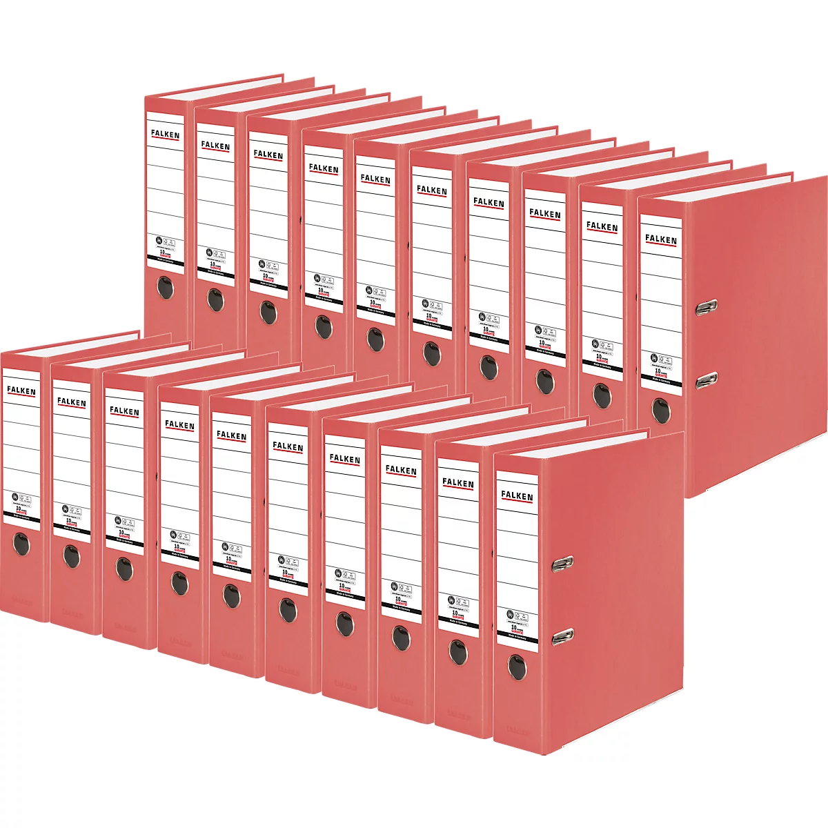 Arrangement of red binders with white labels, FALKEN lettering.