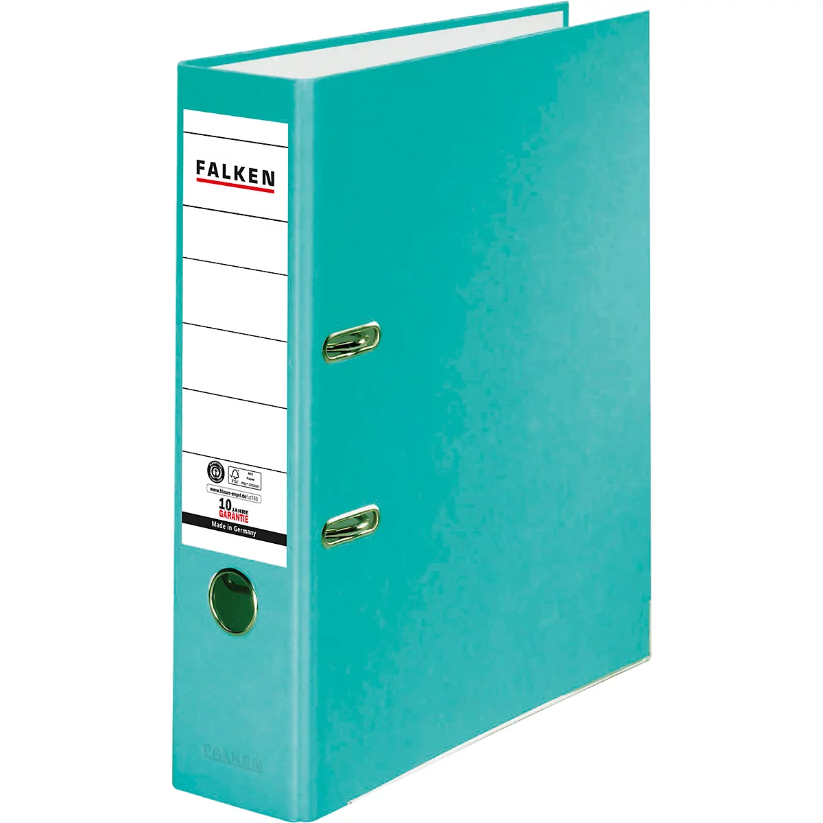 Turquoise binder with white spine. Says FALKEN. Metal mechanism. Green button.