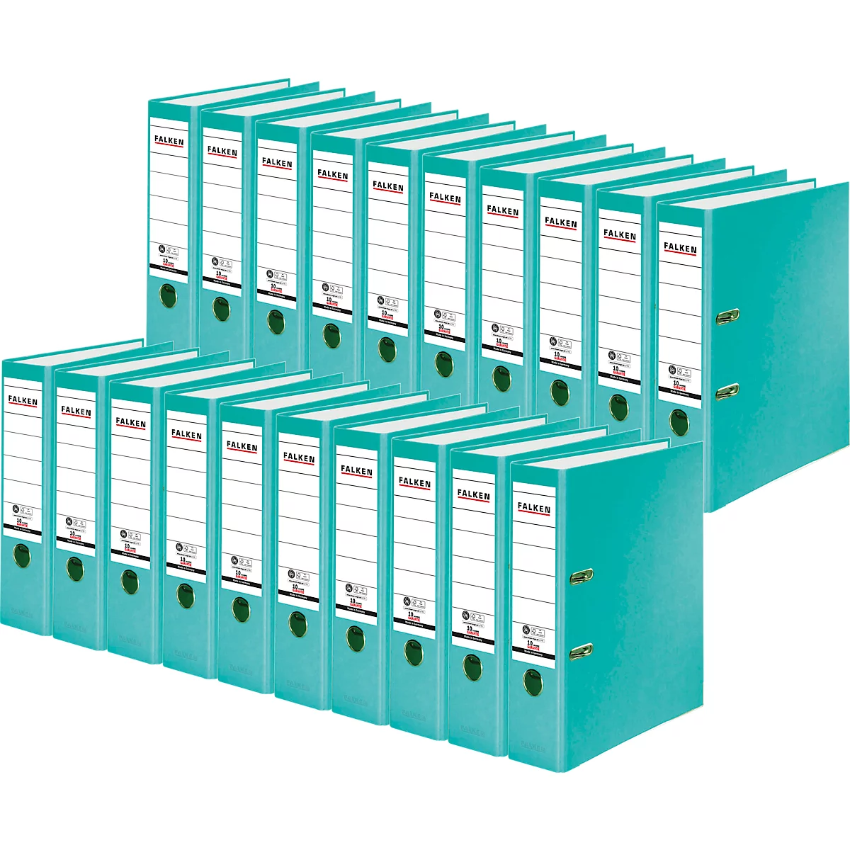Turquoise folders arranged in a stack. The white labels say "FALKEN".