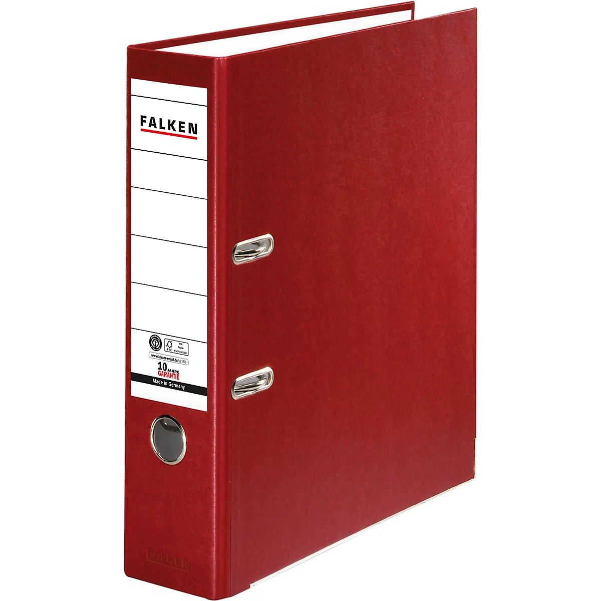 Red Falken brand file folder, with white spine label and metal clips for opening.