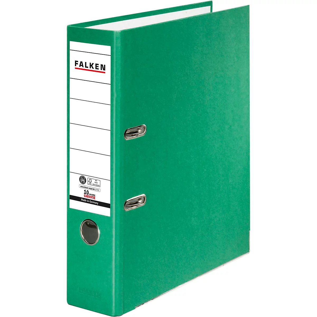Green lever arch file with white label and the print "FALKEN".
