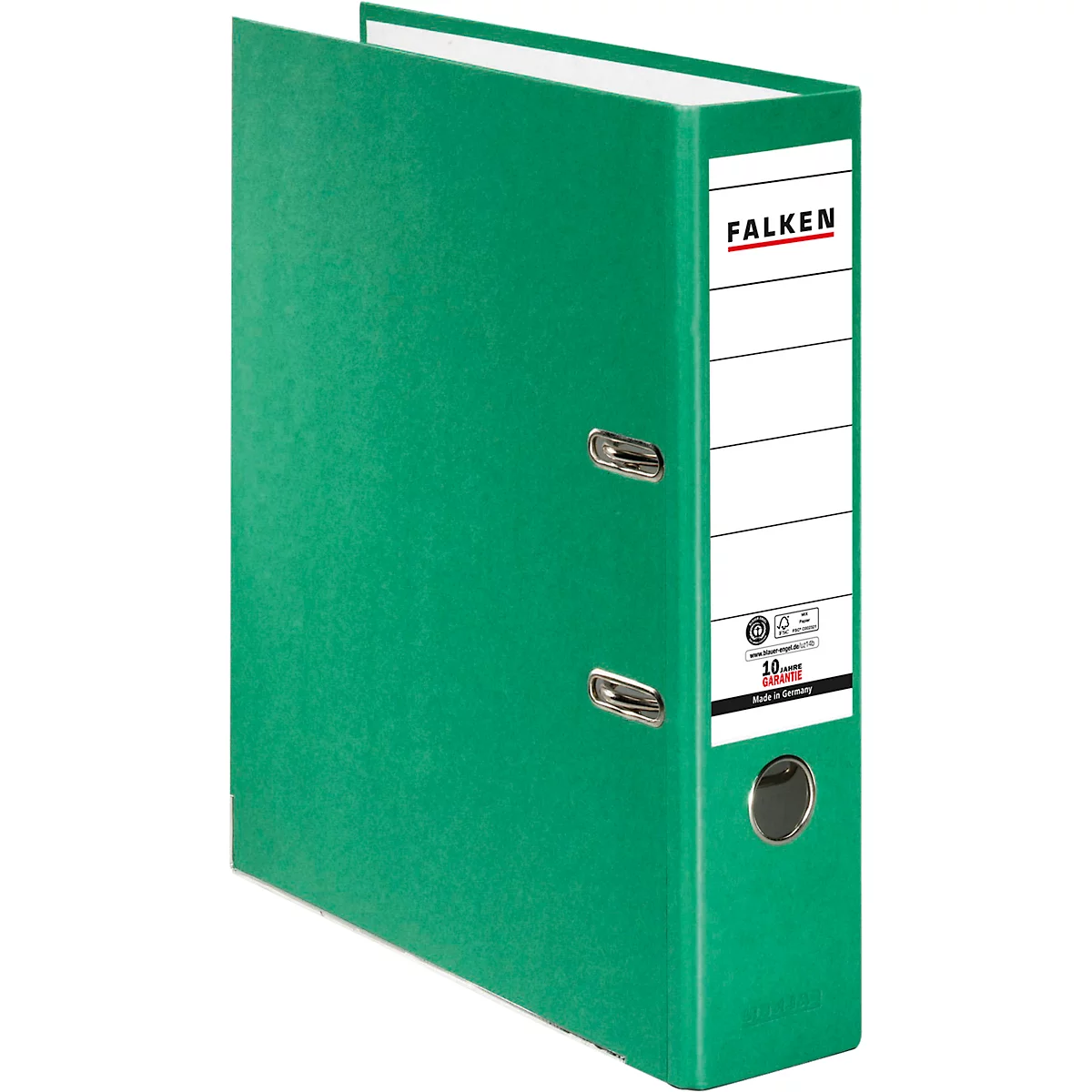 Green Falken binder, white label. Ring mechanism, silver eyelet. The folder stands upright.