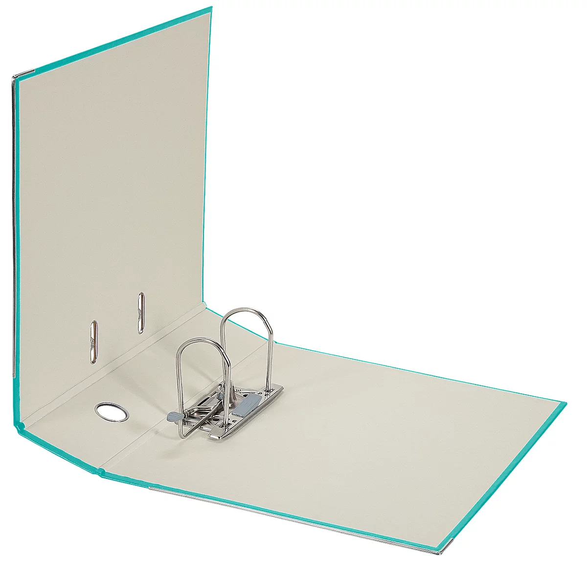 Open folder, beige inner pages, turquoise edges. Metal lever mechanism for opening.