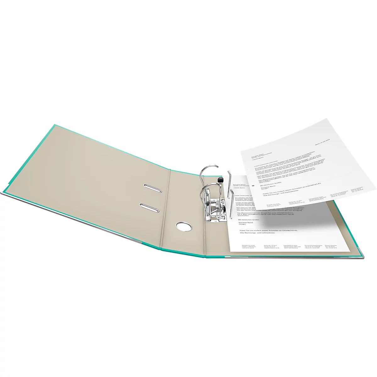 An open file folder with paper sticking out. The folder has a light green border.