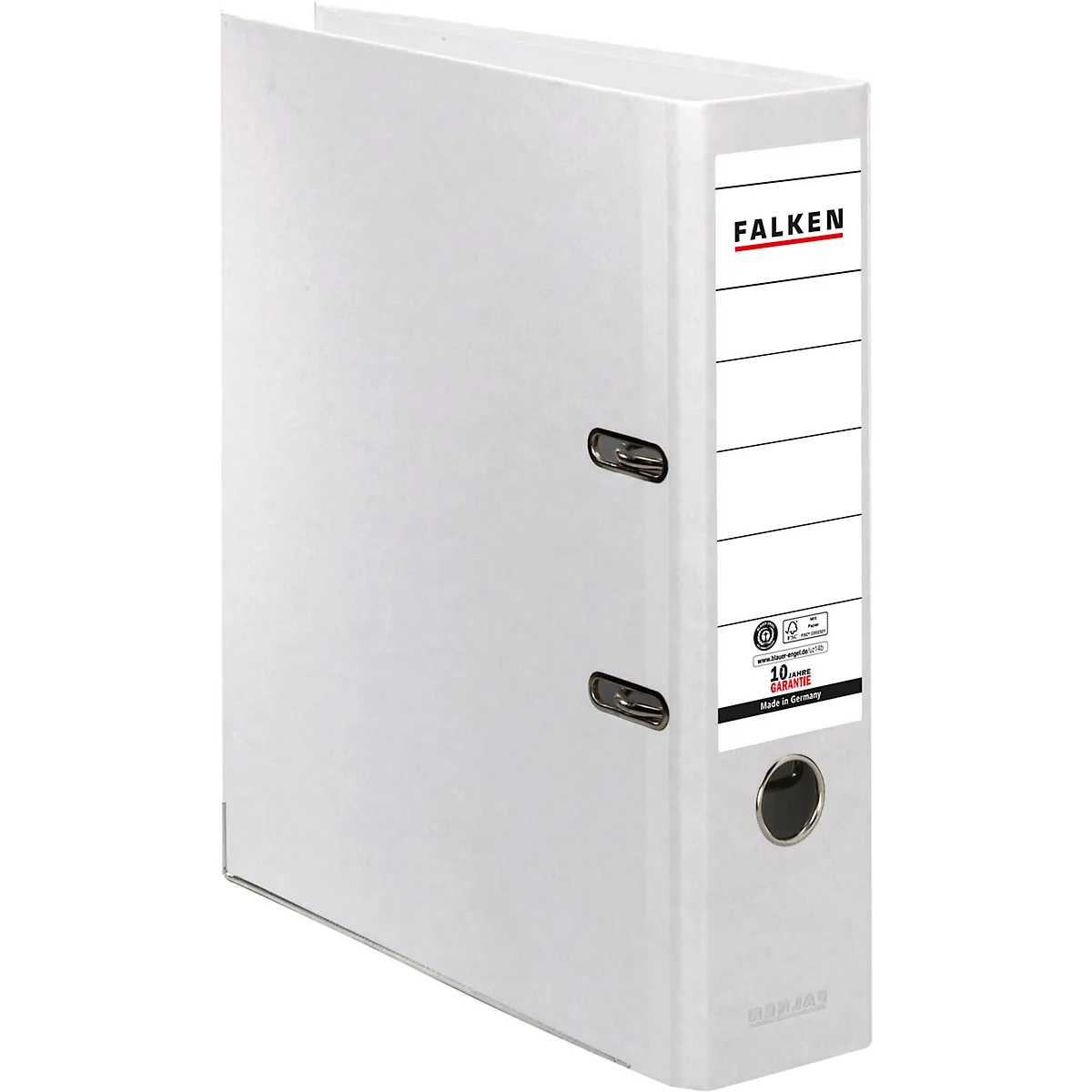 White Falken brand binder, with black details and labels. Falken inscription and empty fields.