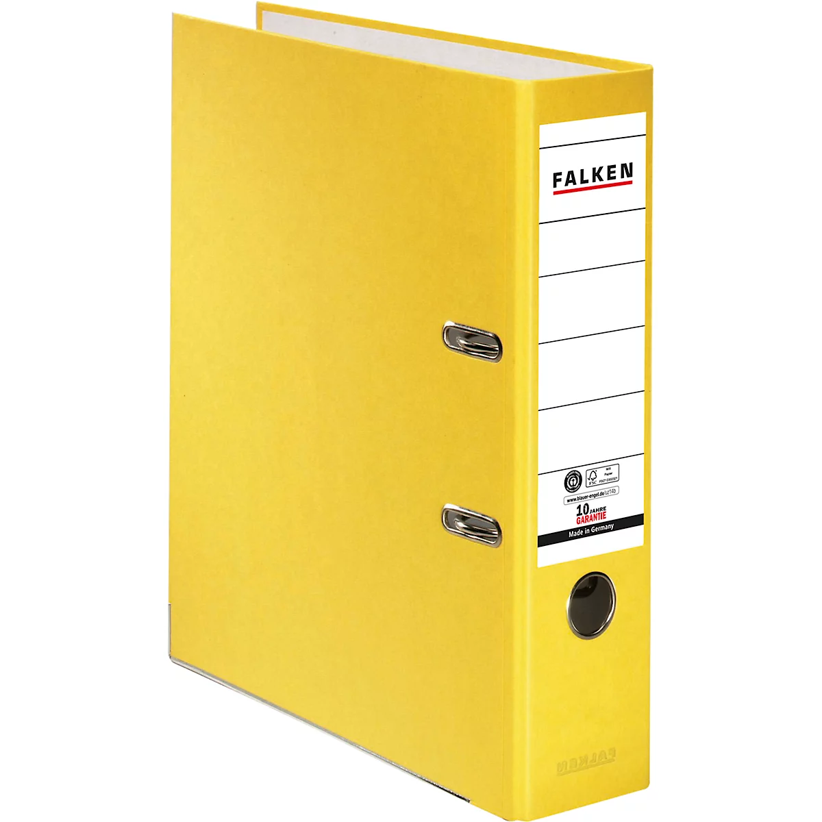 Yellow file folder with white label and brand logo.