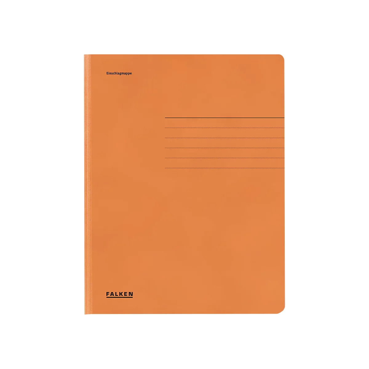 Een oranje collegeblokmap met lijnen en de tekst 'FALKEN'.