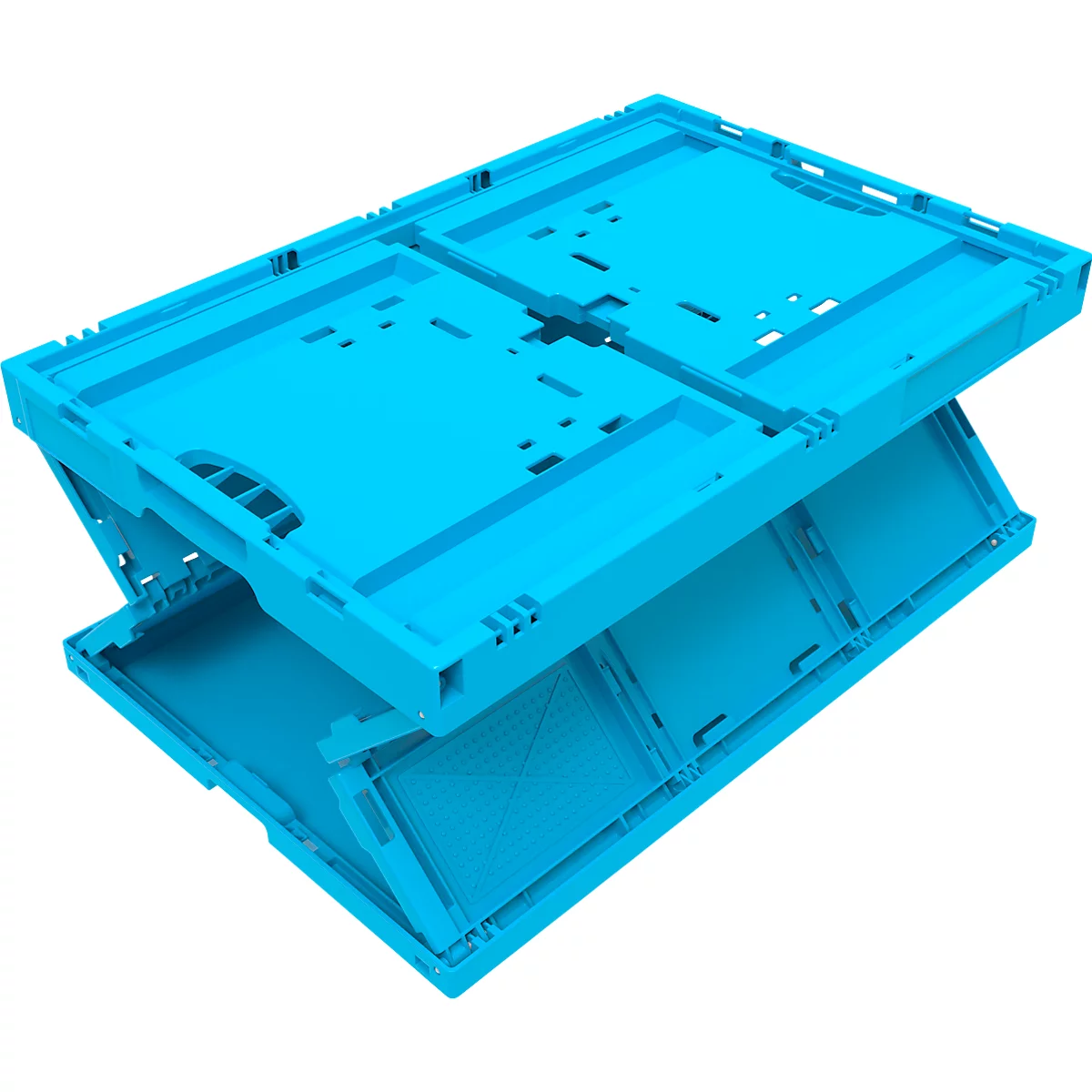 Hellblaue, zusammenklappbare Kunststoffbox, teilweise zusammengeklappt. Die Box ist offen und hat eine strukturierte Oberfläche.