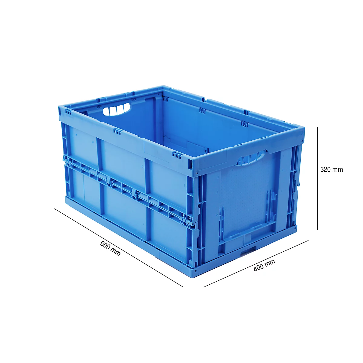 Blaue, zusammenklappbare Kunststoffbox mit den Maßen 600 x 400 x 320 mm. Griffe und Mechanismen sind erkennbar.