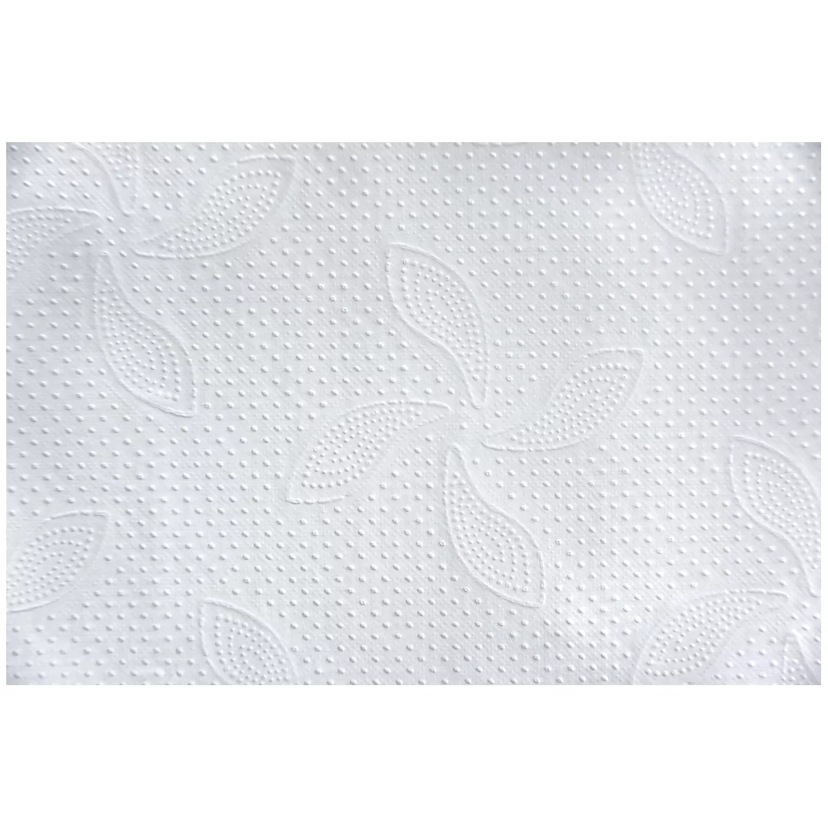 Nahaufnahme eines weißen Papiers mit geprägten floralen Mustern und winzigen Punkten im Hintergrund.