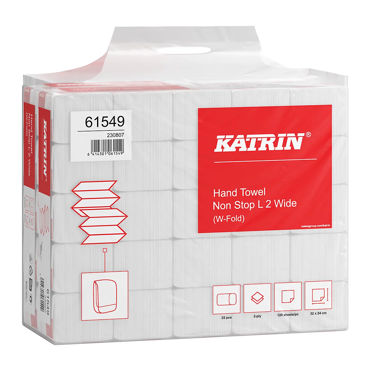 Pakung mit Papierhandtüchern, auf rotem Feld steht "KATRIN Hand Towel Non Stop L 2 Wide (W-Fold)".