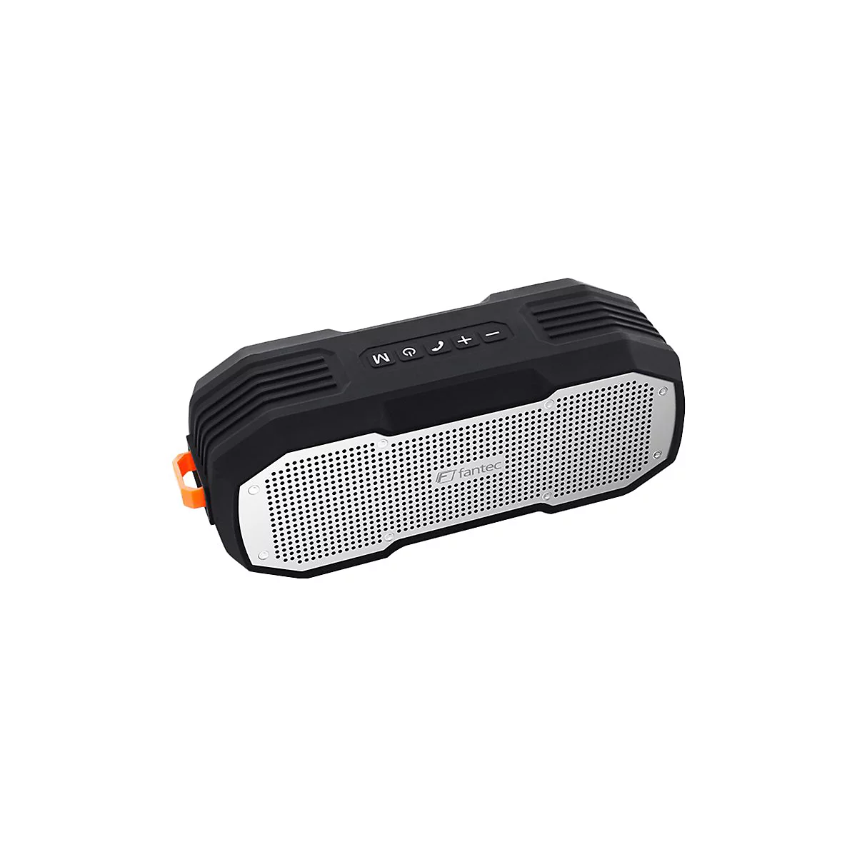 Schwarzer Bluetooth-Lautsprecher mit orangefarbenen Elementen und Bedienelementen oben. Auf der Front ist der Schriftzug fantec zu sehen.