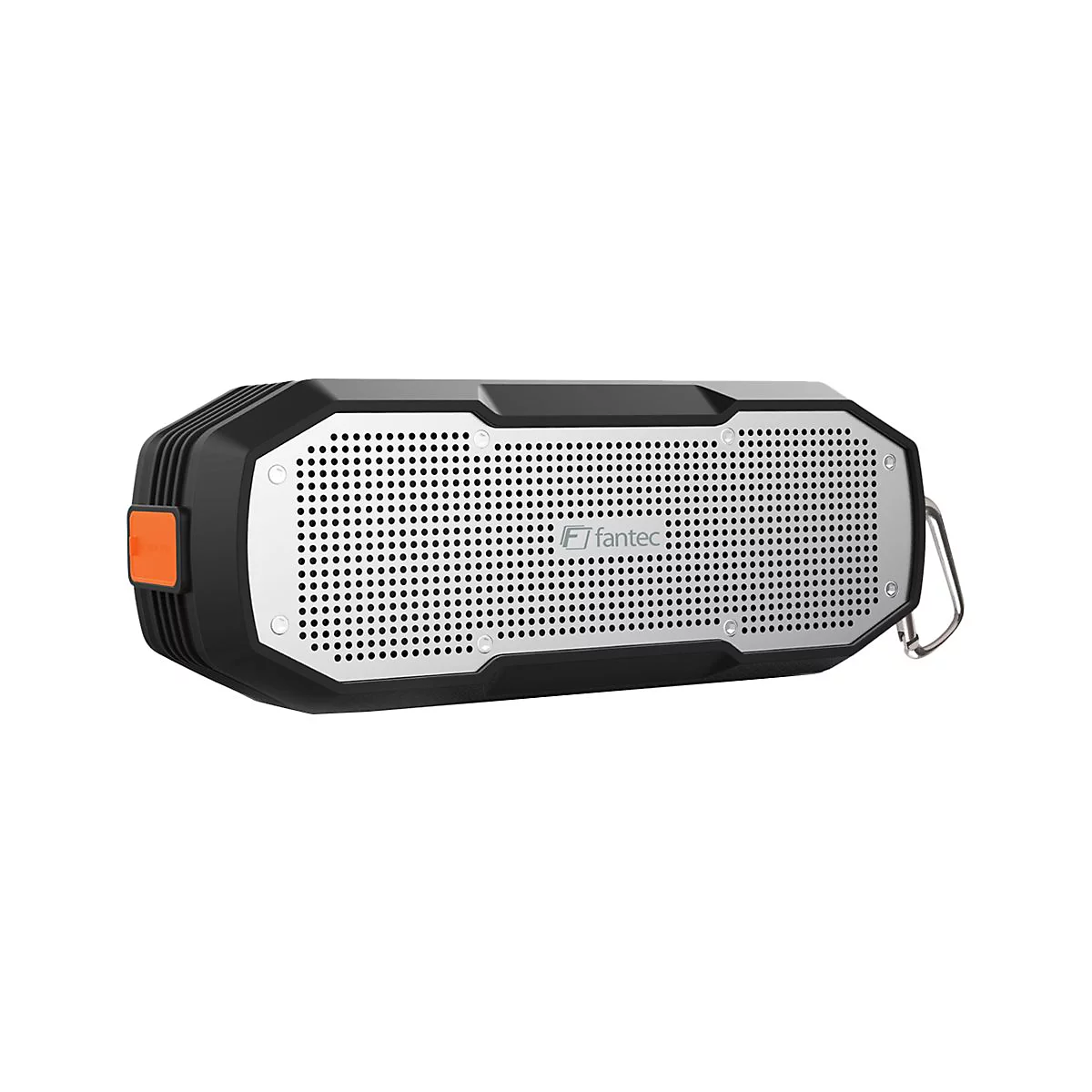 Schwarzer und silberfarbener Lautsprecher mit Metallgitter und orangefarbenem Akzent. Karabinerhaken an der Seite. Aufschrift fantech.