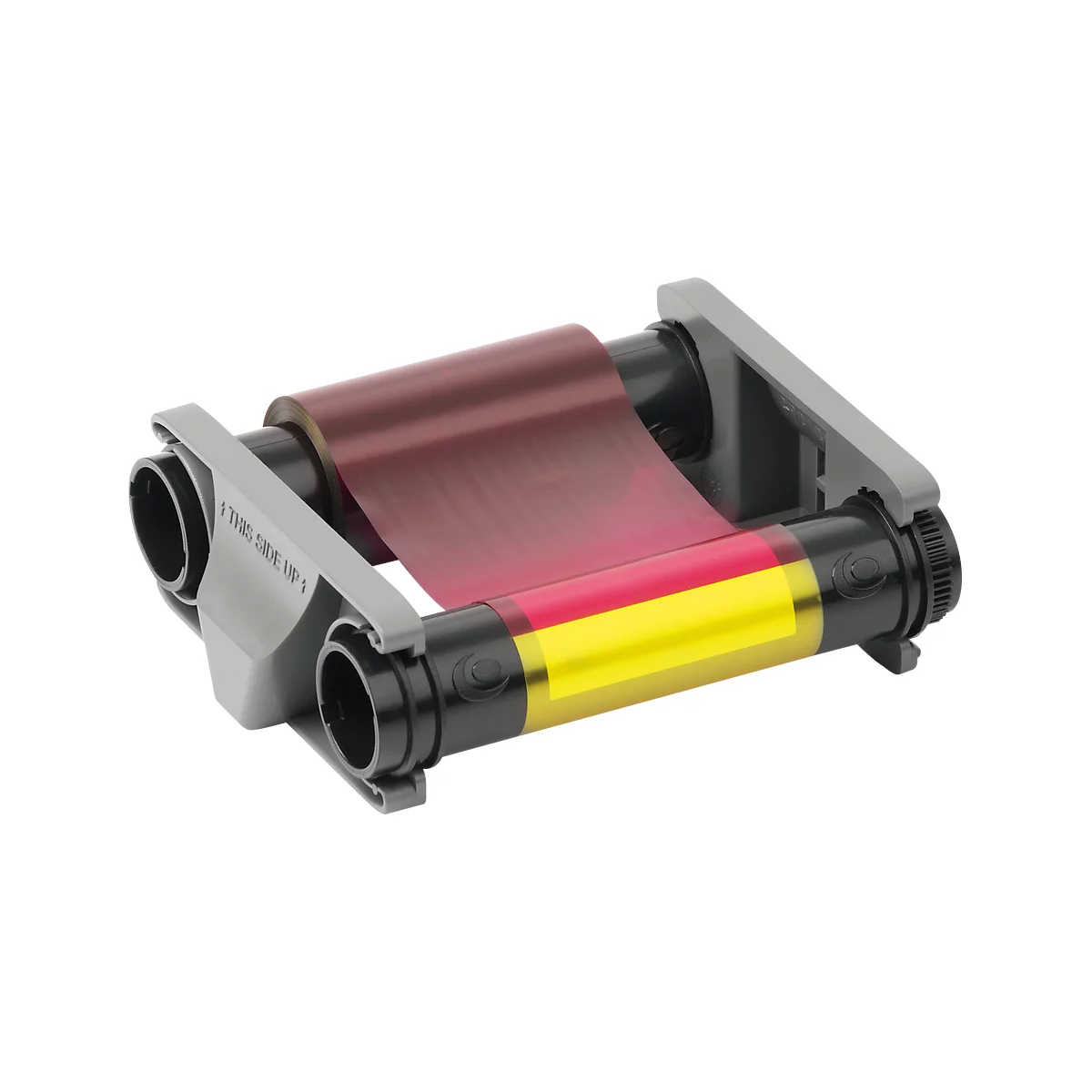 Nahaufnahme einer Farbbandkartusche mit grauem Rahmen und farbigem Band in Gelb, Rosa und Violett.