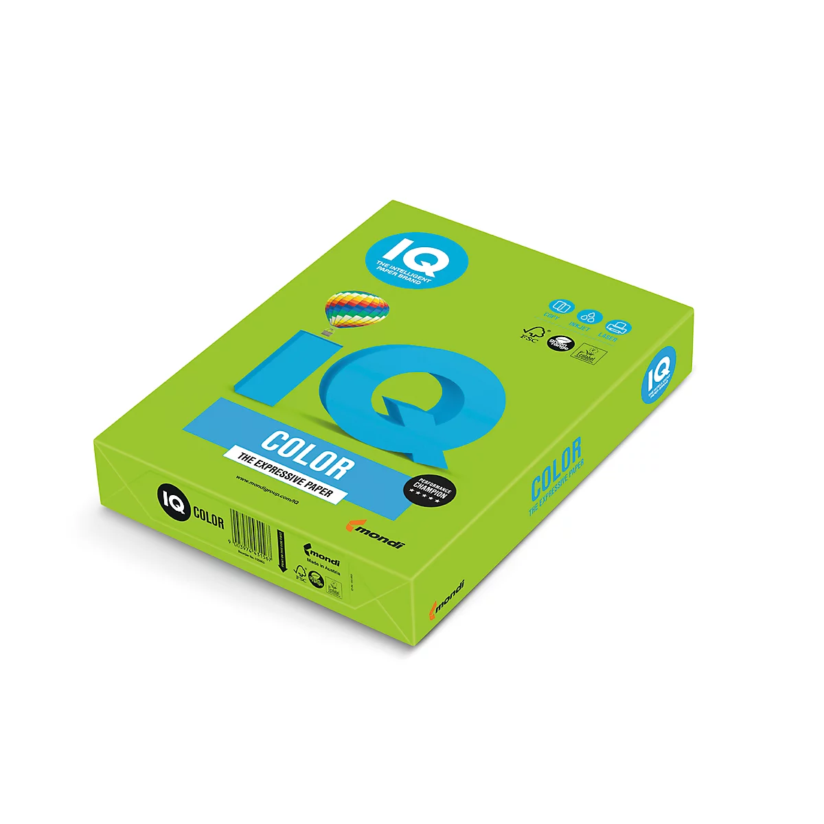 Farbiges Kopierpapier Mondi IQ Color Intensivfarbe, DIN A4, 120 g/m², maigrün, 1 Paket = 250 Blatt