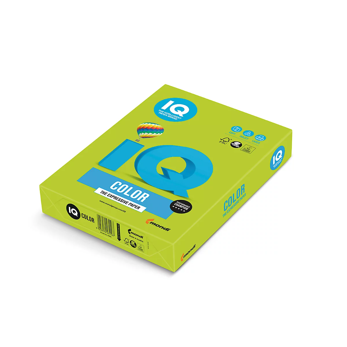 Ein Packung farbigen Papiers in Grün, mit blauem IQ-Logo und Schriftzug COLOR.