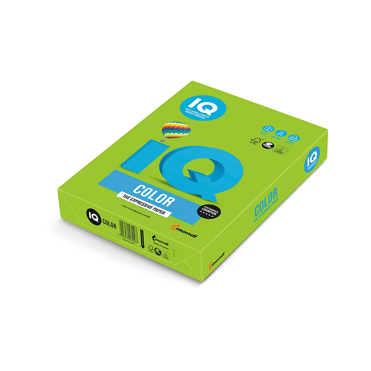 Eine Packung IQ Color Papier, hellgrün mit blauem Logo und Schriftzug.