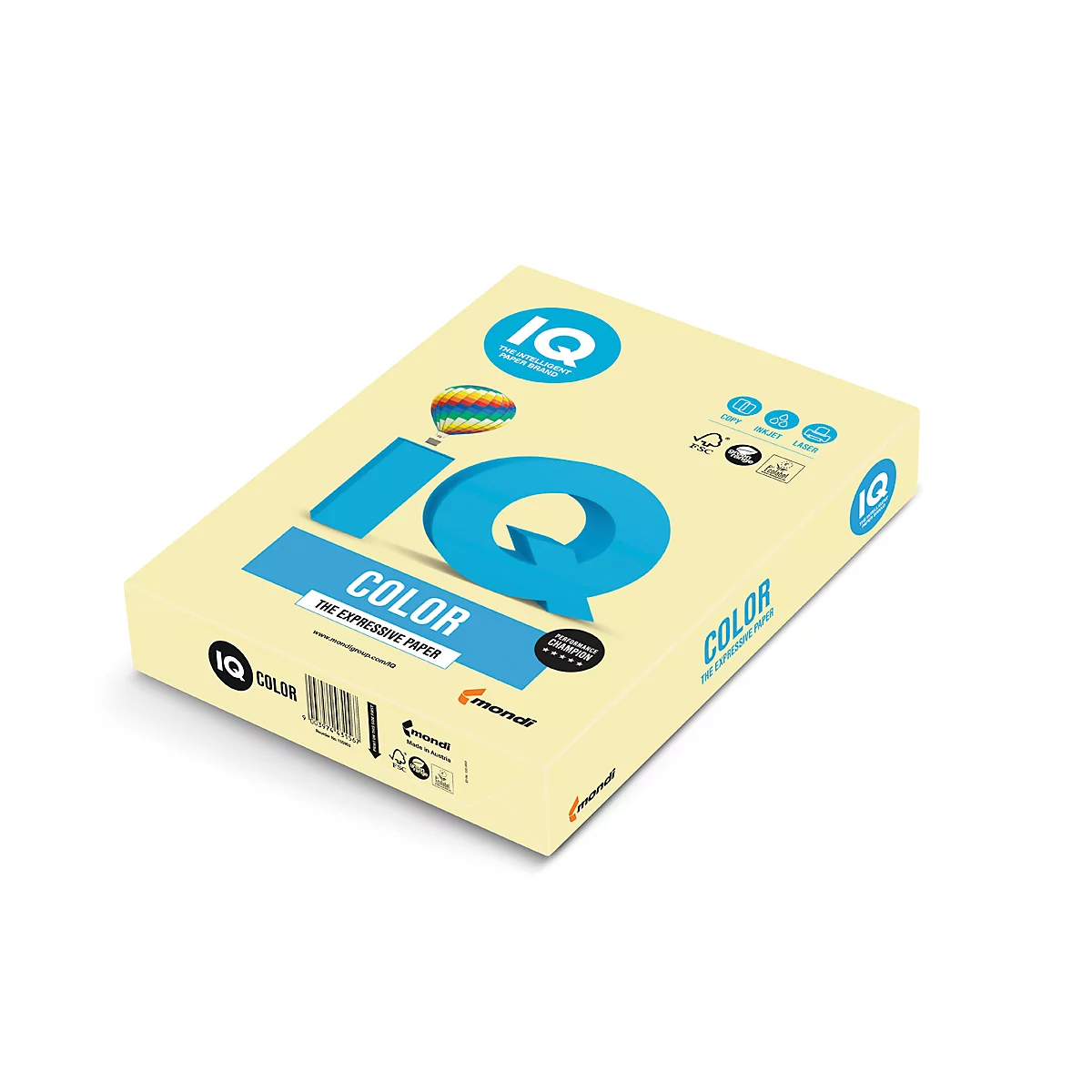 Ein Papierpaket mit IQ Color-Logo, gelblich, mit blauer Schrift und einem Heißluftballon-Symbol.