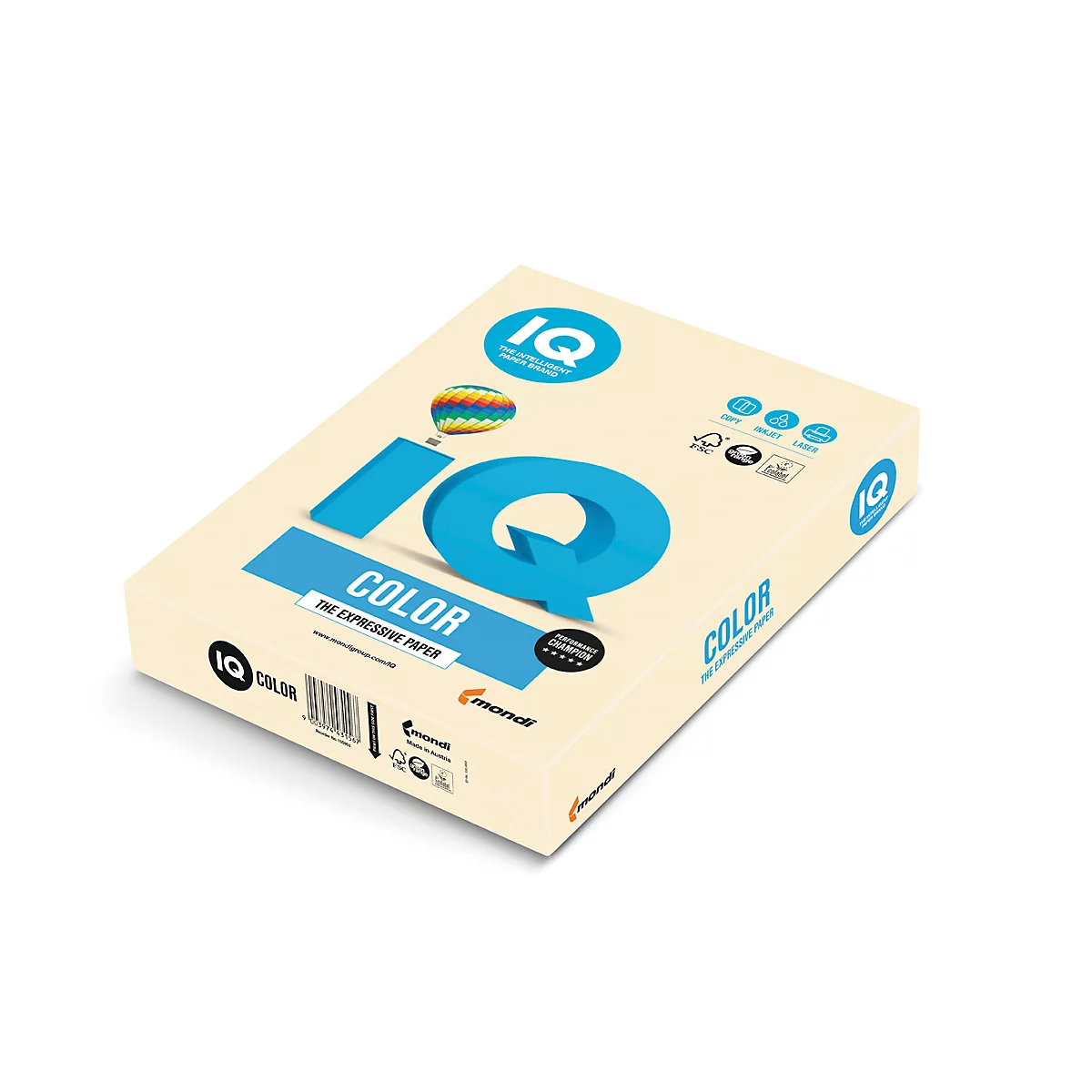Hellbeige Papierpackung mit blauem IQ-Logo und Text 'COLOR'.