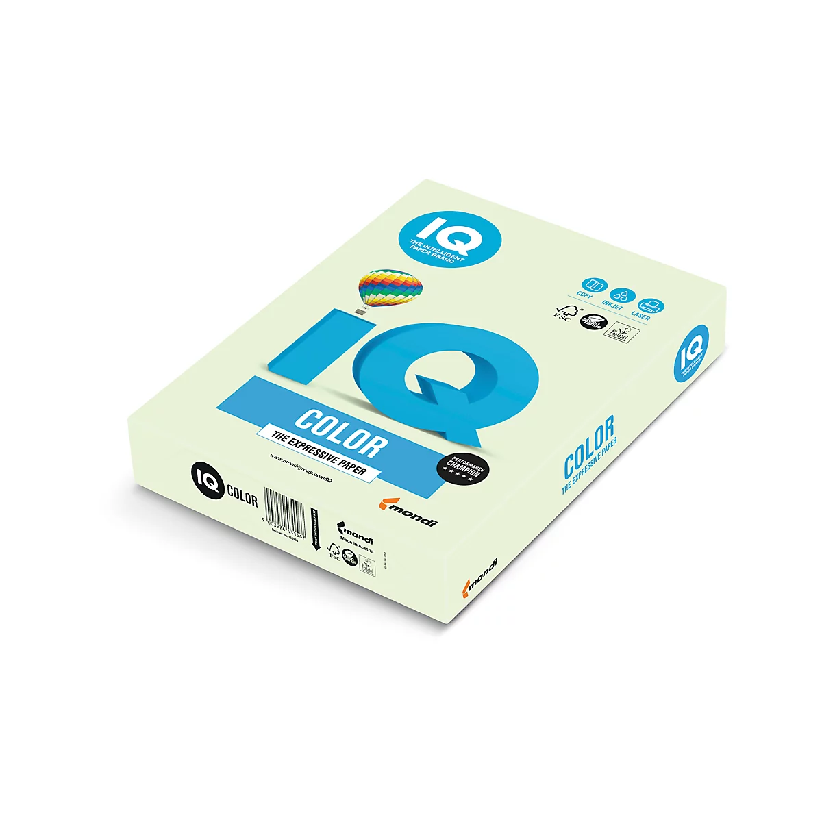 Farbiges Kopierpapier Mondi IQ Color Pastellfarbe, DIN A4, 80 g/m², hellgrün, 1 Paket = 500 Blatt