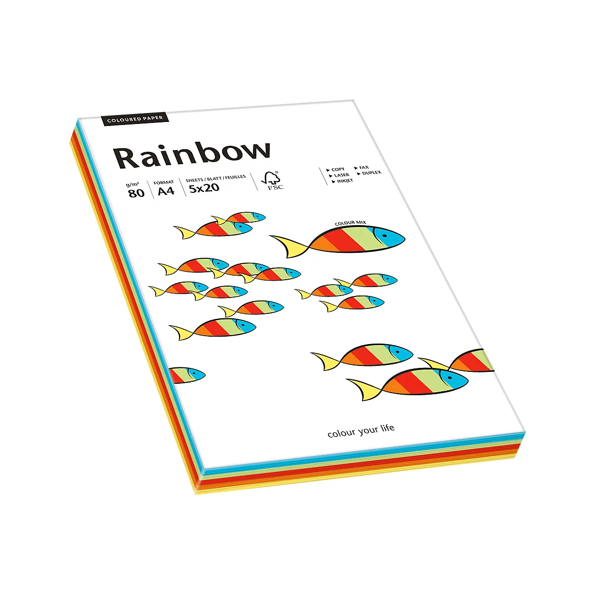 Farbiges Kopierpapier Mondi Rainbow-Mixpaket, DIN A4, 80 g/m², intensiv, 1 Paket = 100 Blatt
