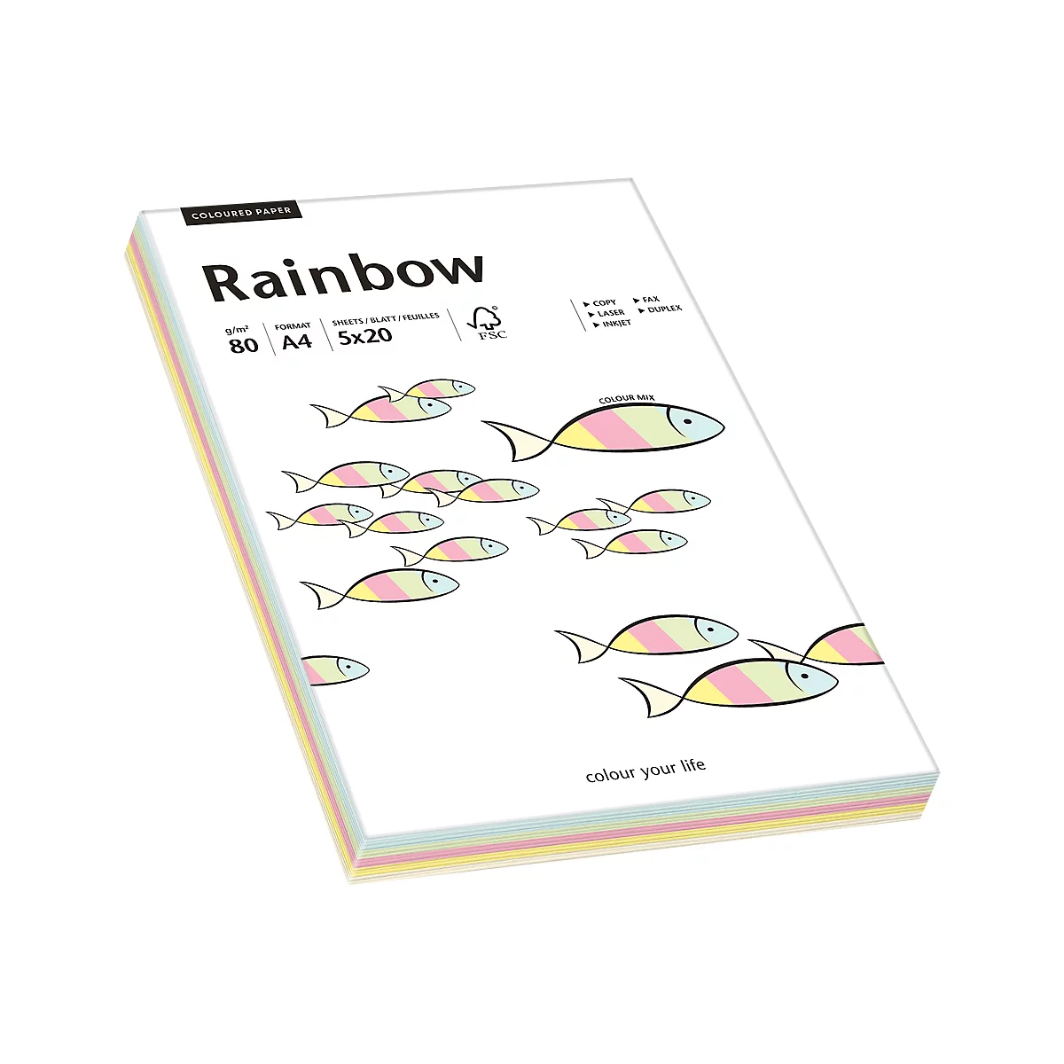 Farbiges Kopierpapier Mondi Rainbow-Mixpaket, DIN A4, 80 g/m², pastell, 1 Paket = 100 Blatt