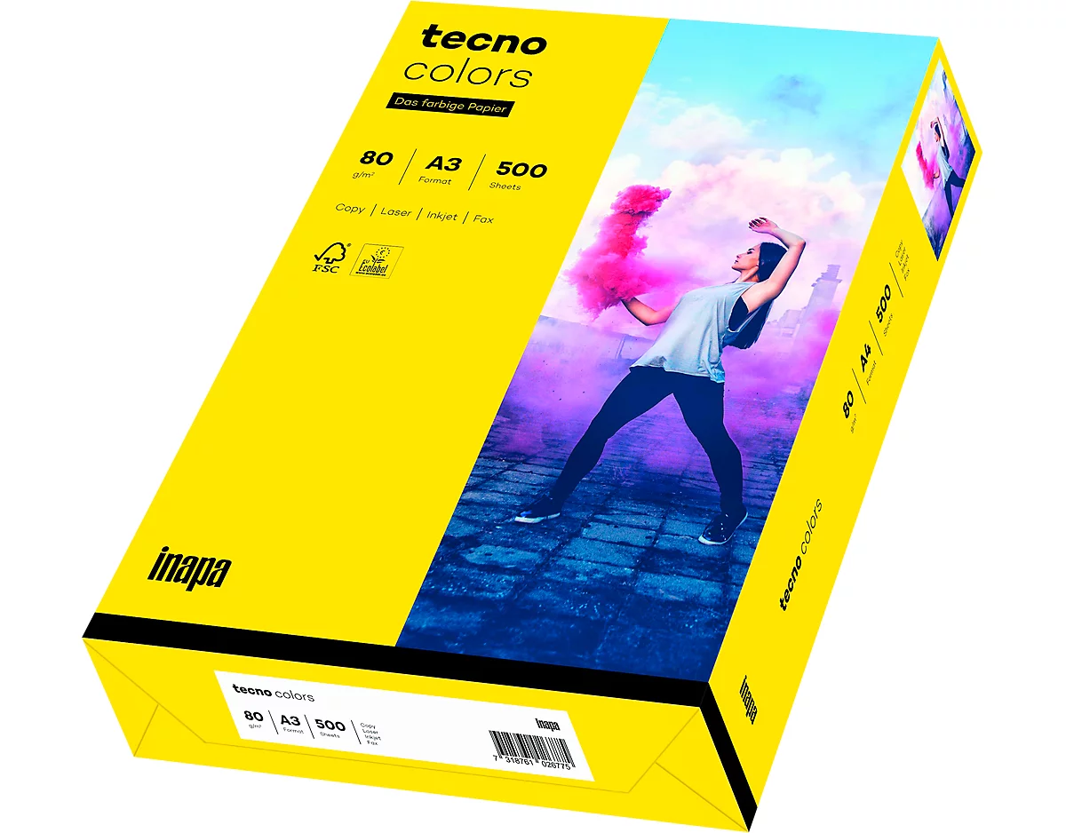 Farbiges Kopierpapier tecno colors, DIN A3, 80 g/m², intensivgelb, 1 Paket = 500 Blatt