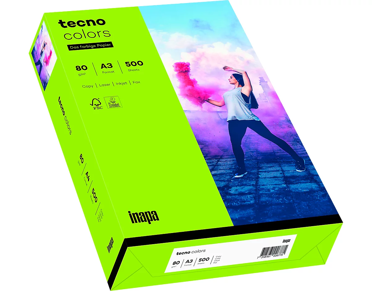 Farbiges Kopierpapier tecno colors, DIN A3, 80 g/m², leuchtendgrün, 1 Paket = 500 Blatt