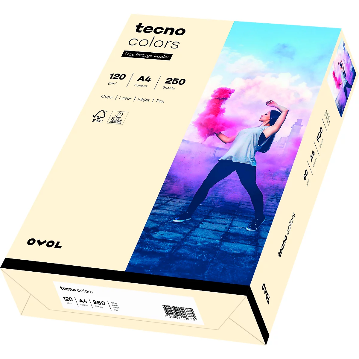 Ein Papierstapel "tecno colors" mit Person vor farbigem Rauch. Details: 120g, A4, 250 Blatt.