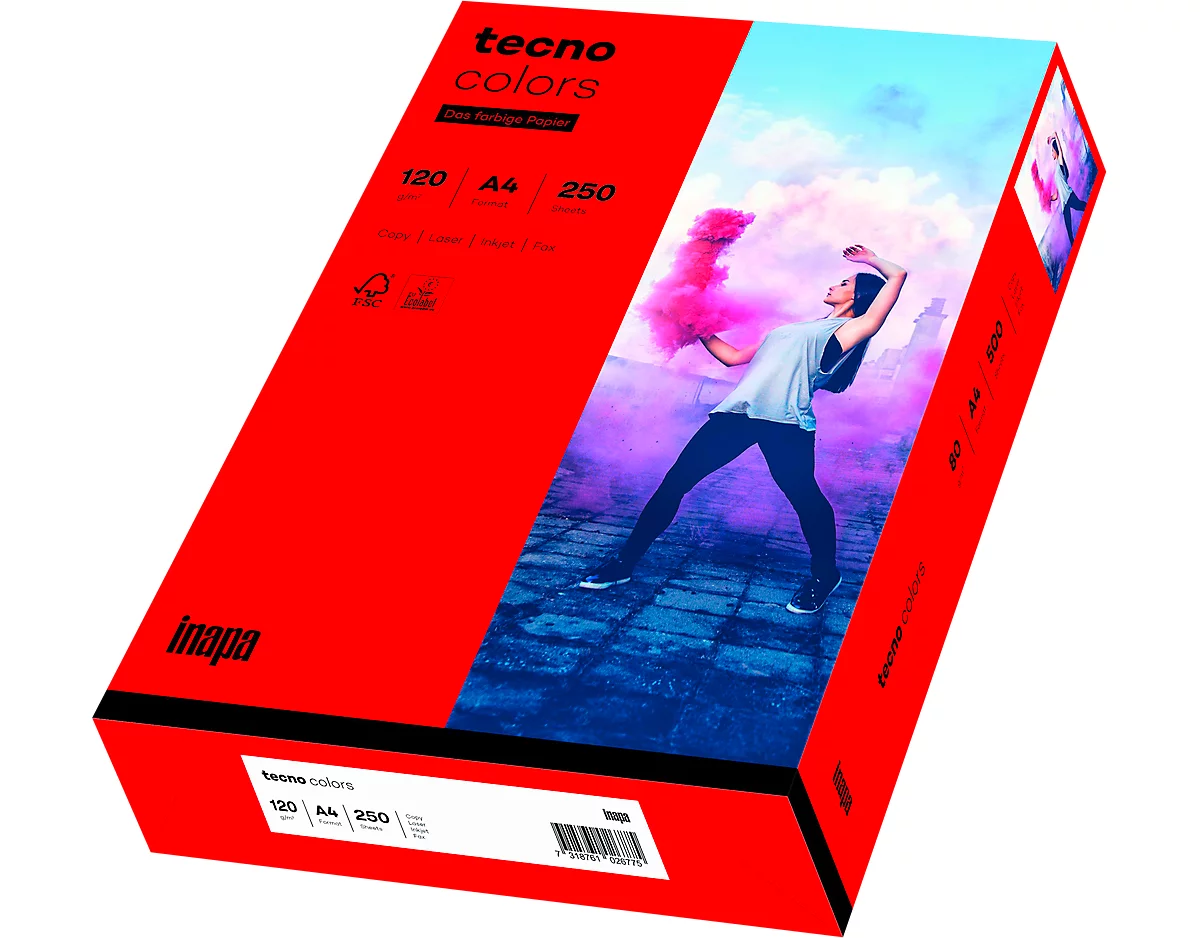 Farbiges Kopierpapier tecno colors, DIN A4, 120 g/m², intensivrot, 1 Paket = 250 Blatt